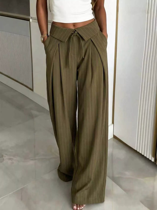 High-Waisted Wide-Leg Pinstripe Pants - Green - View 1