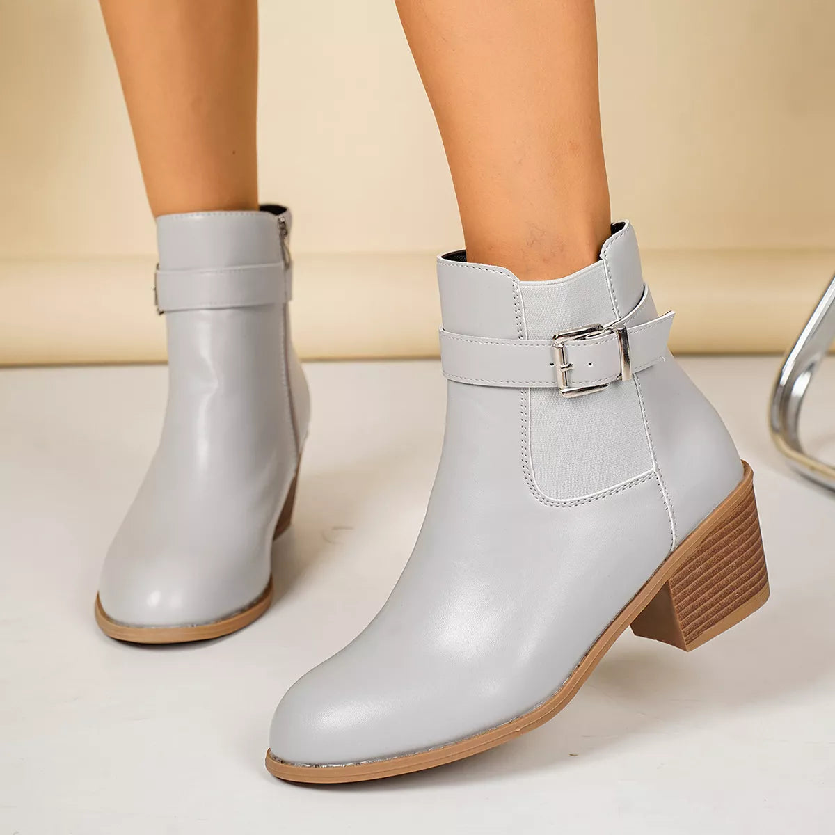 Point Toe Block Heels Boots - Gray - View 2