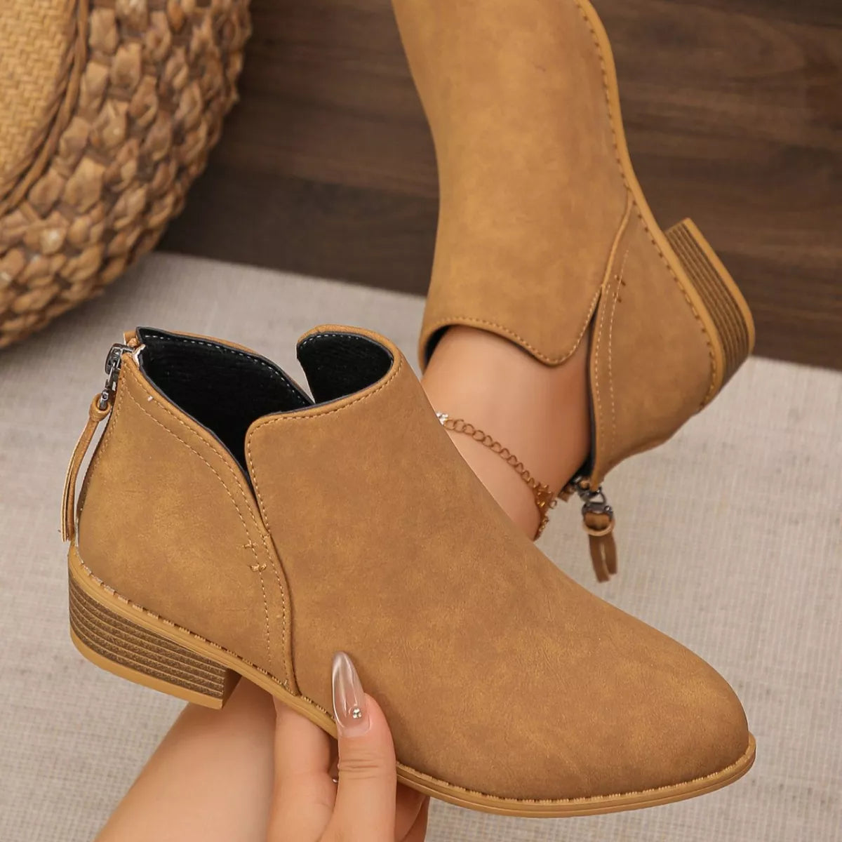 Point Toe Block Heels Boots - Light Brown - View 17