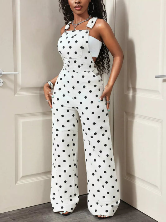 Wide Leg Denim Overalls with Adjustable Straps - White - View 2