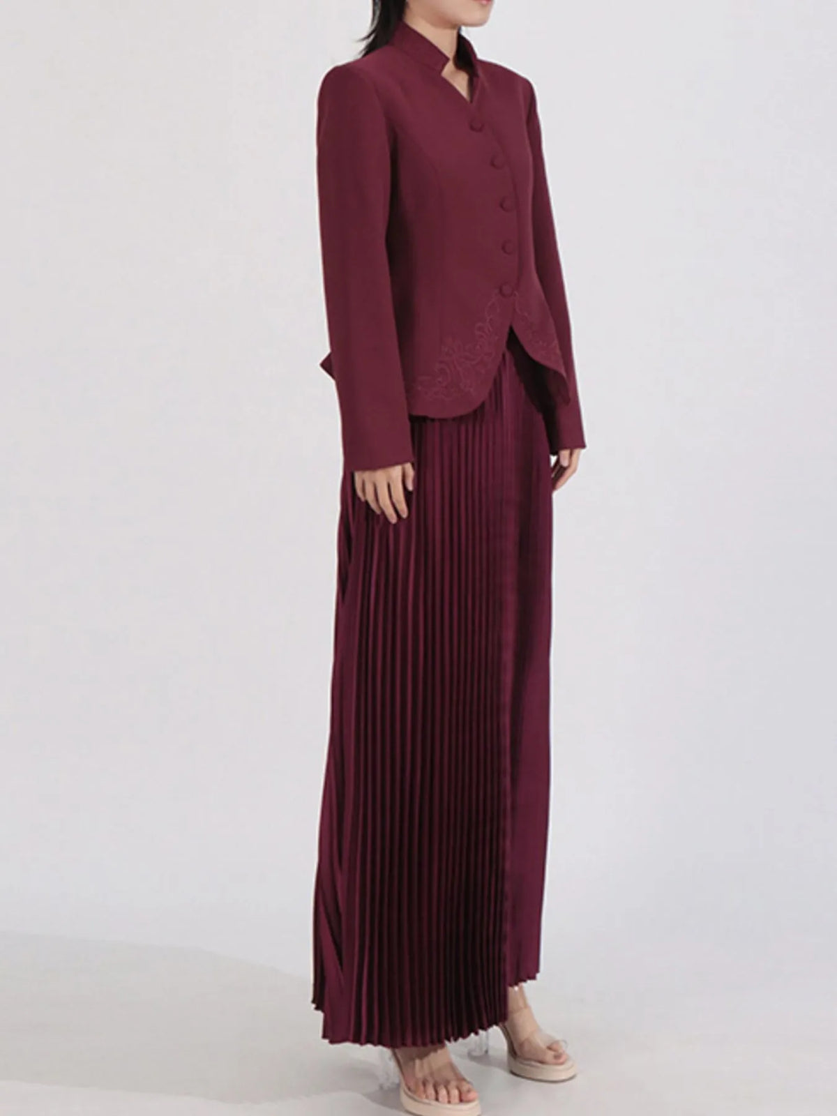 Button Up Long Sleeve Top and Pleated Skirt Set - Angora Red - View 5