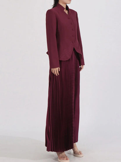 Button Up Long Sleeve Top and Pleated Skirt Set - Angora Red - View 5