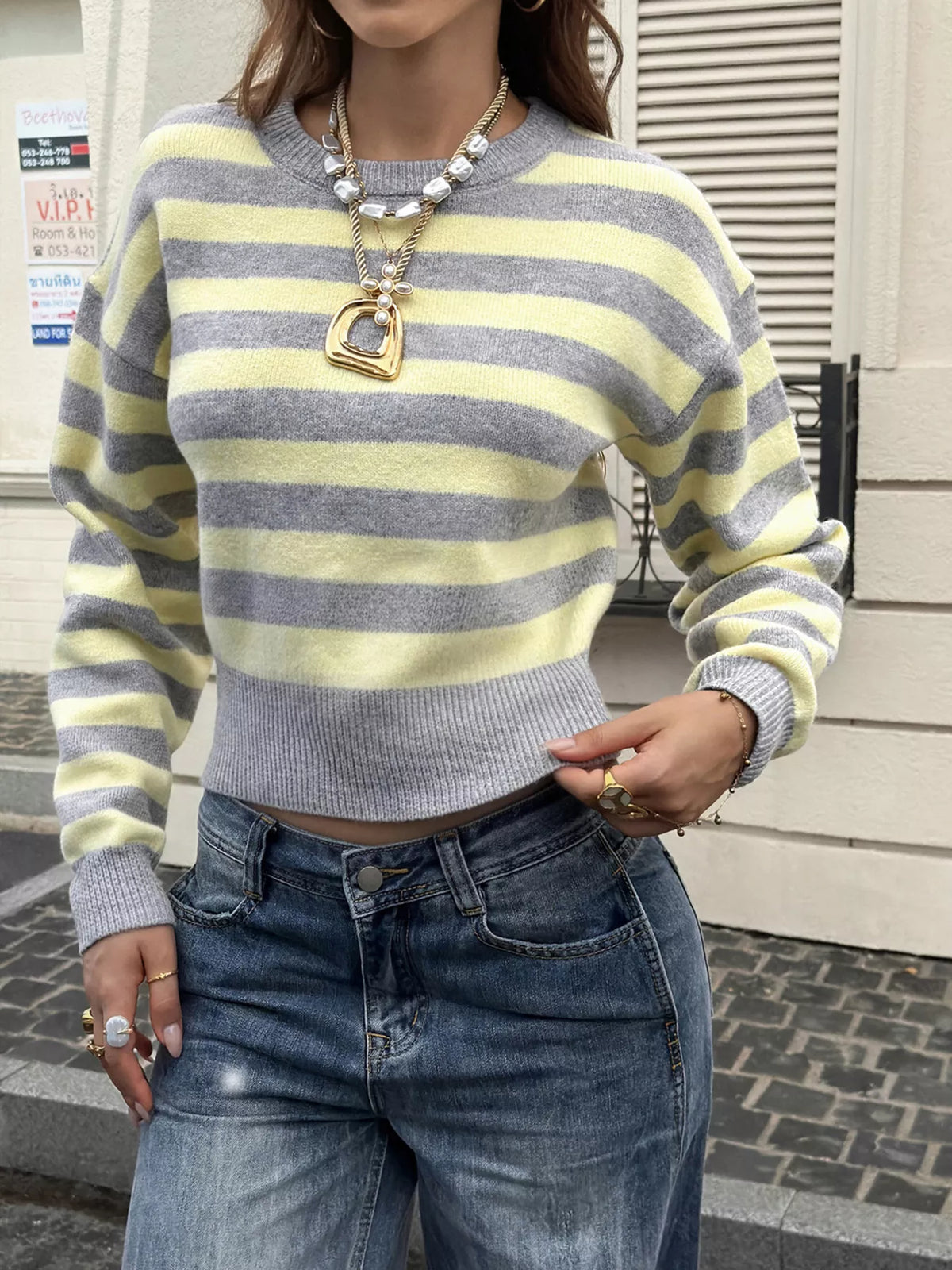 Casual Striped Cropped Sweater - Yellow And Gray Stripes - View 2