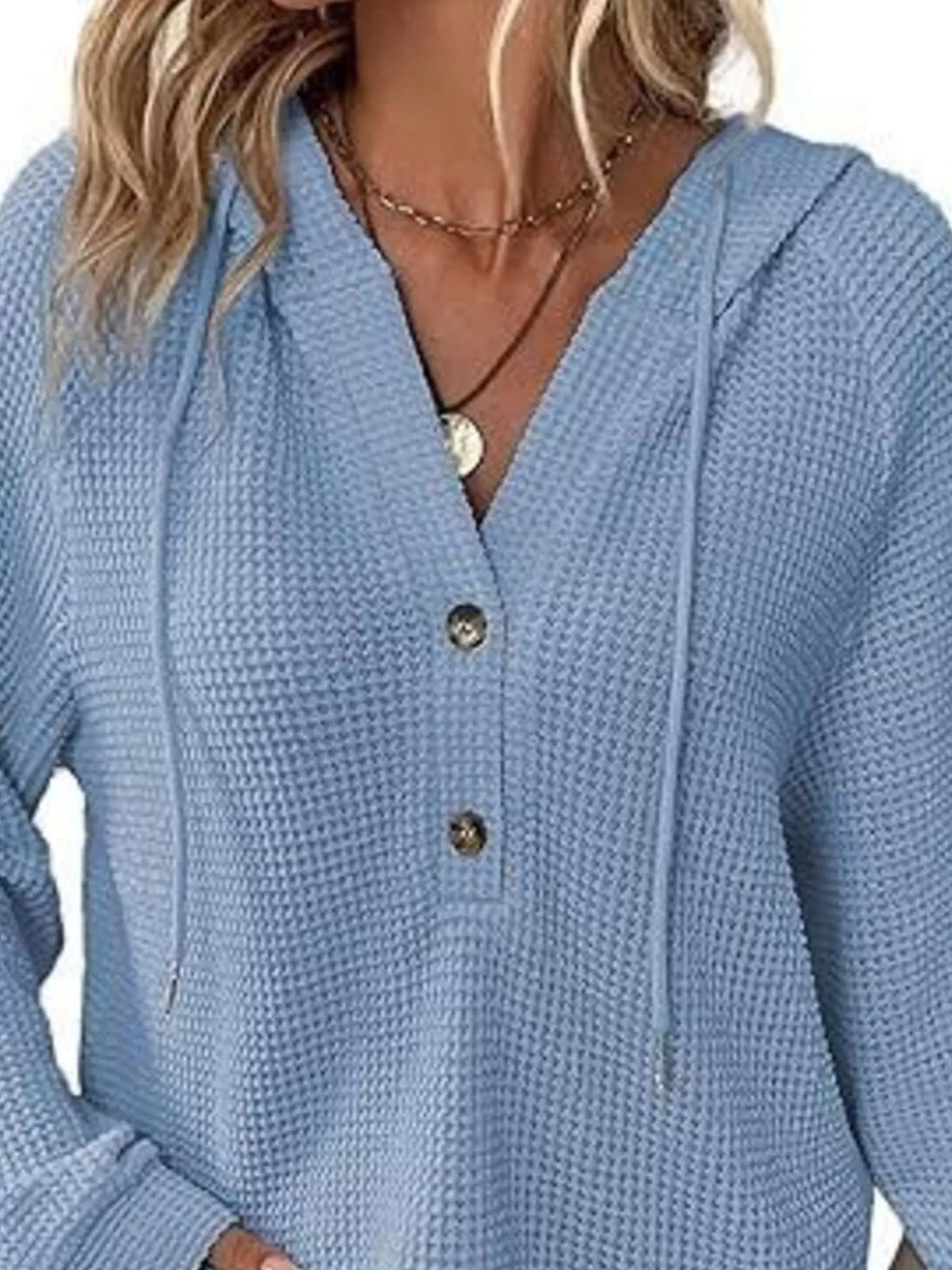 Full Size Waffle Knit Half-Button Hoodie Plus Size - Light Blue - View 13