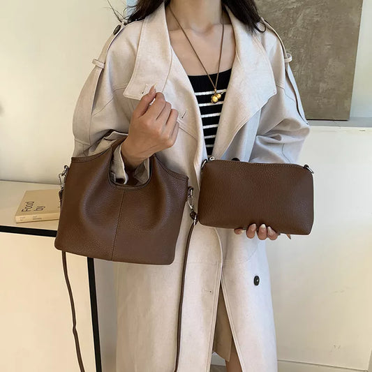 Textured Leather Crossbody Bag with Pouch - Brown - View 2