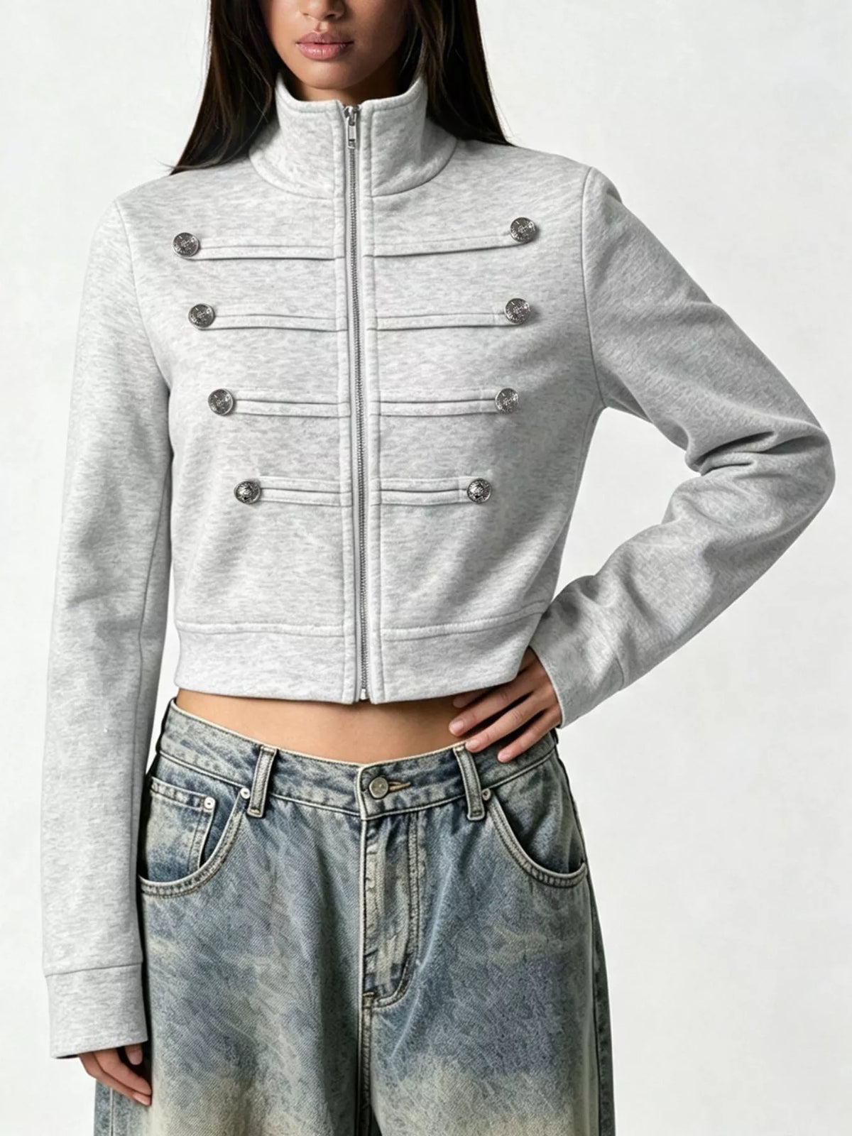 Cropped Zip-Up Outerwear with Decorative Buttons - Gray - View 3