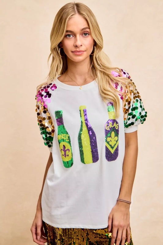 BiBi Sequin Mardi Gras Bottles Spangled Sleeve Top - product photo 1