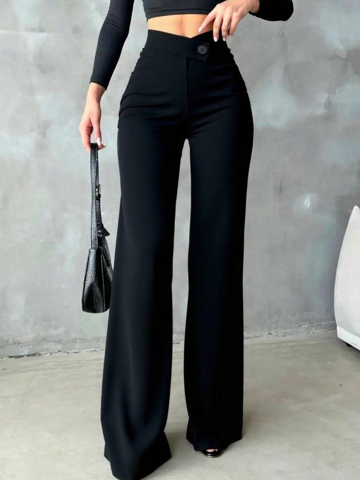 High Waist Wide Leg Pants - Black - View 1