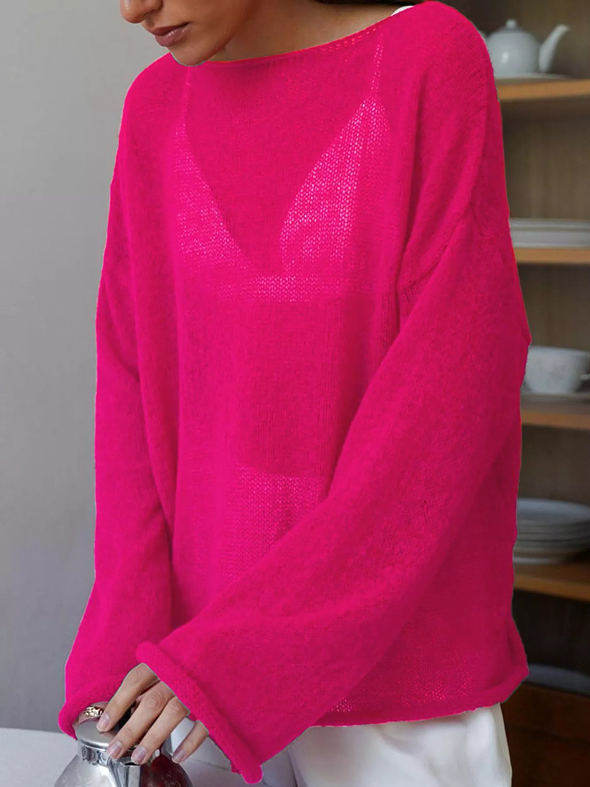 Lightweight Dropped Shoulder Knit Cover Up - Hot Pink - View 21