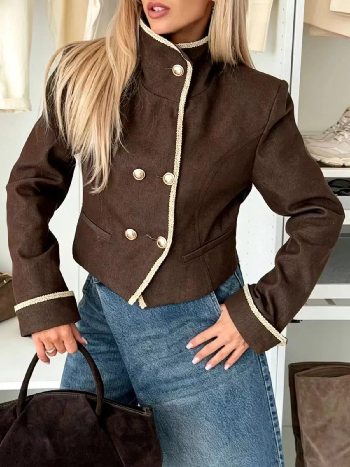 Double-Breasted Cropped Jacket - Brown - View 1