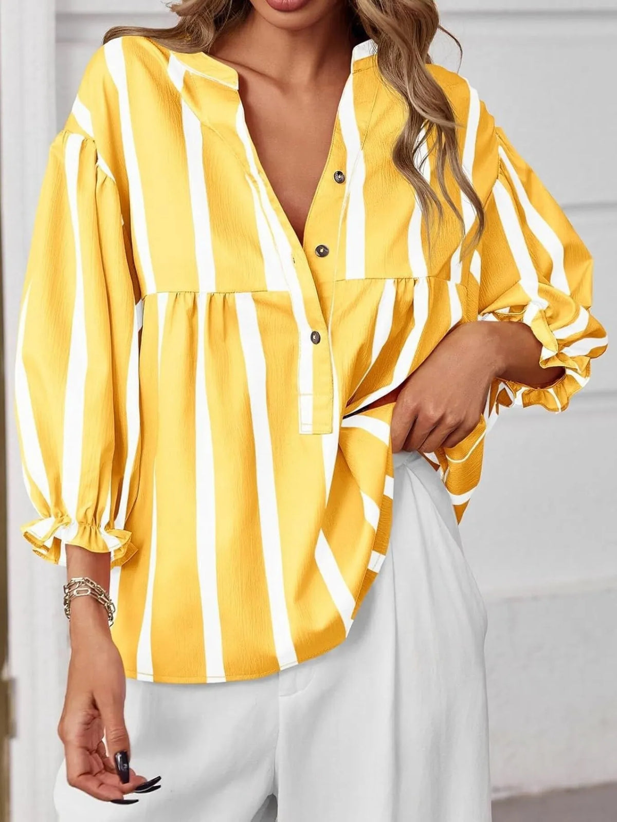 Striped Button Front Notched Blouse - Yellow - View 16