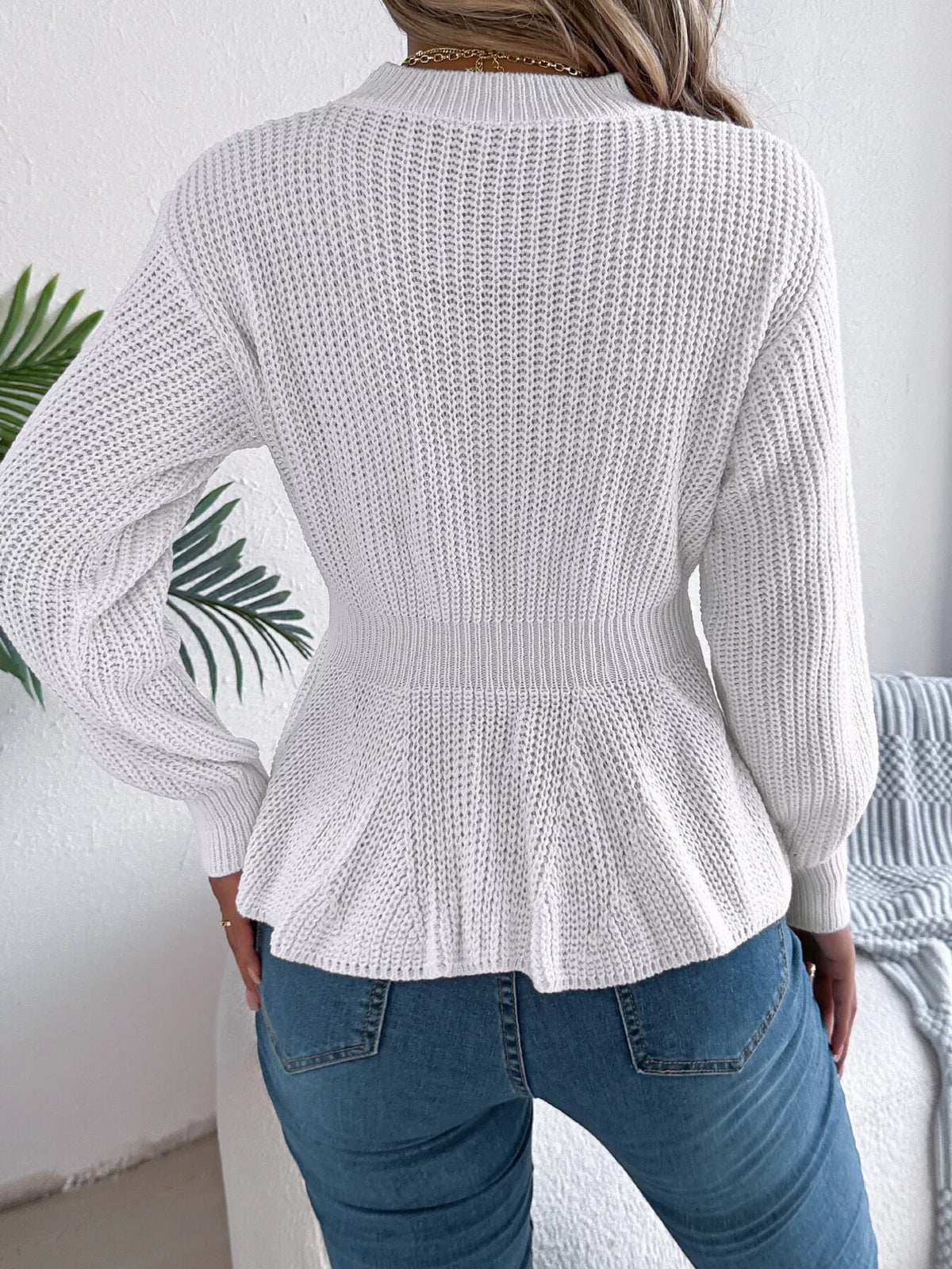 Cable Knit Peplum Sweater - White - View 7