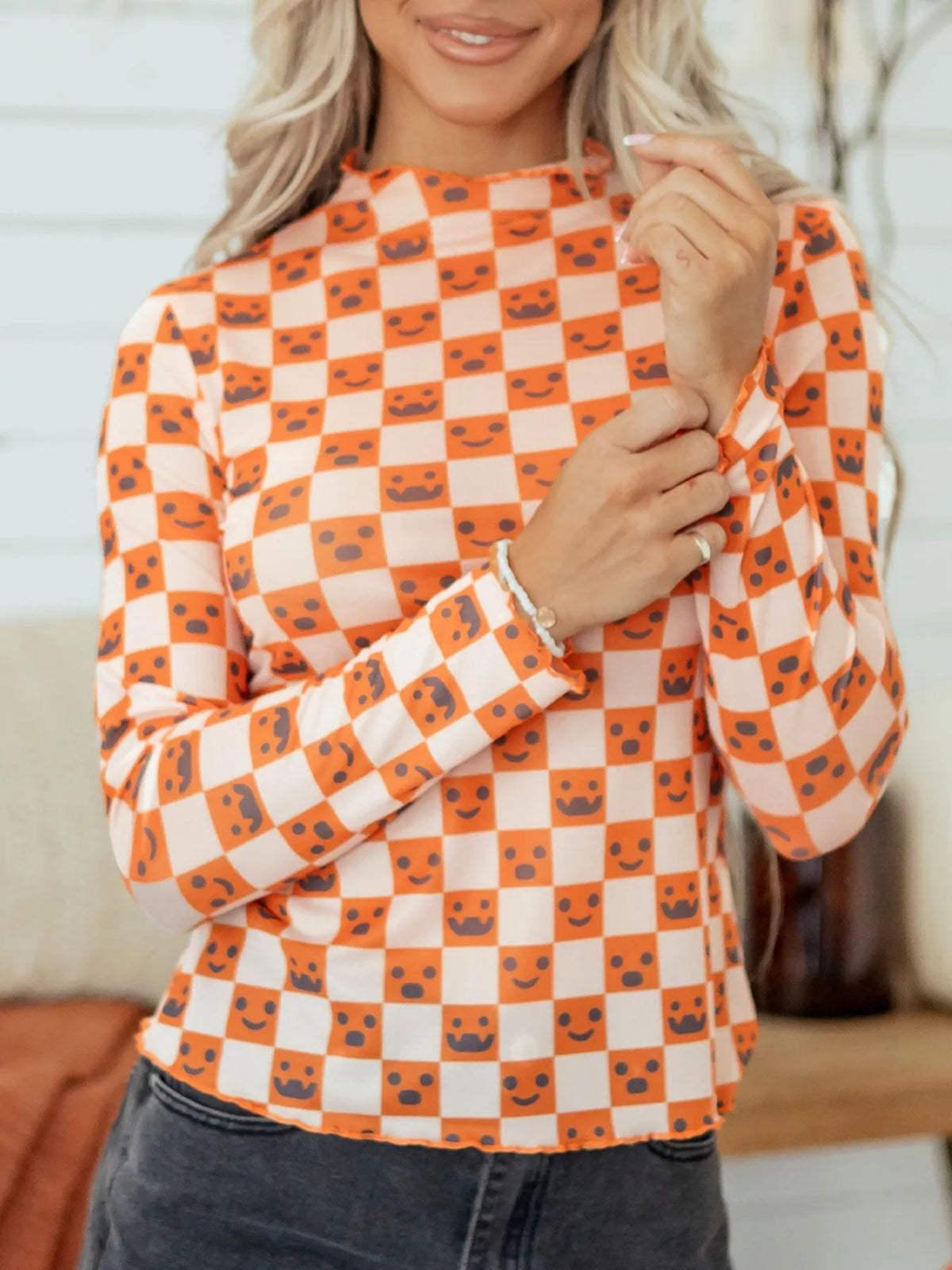 Abstract Halloween Pattern Long Sleeve Mock Neck Blouse - Sherbet - View 3