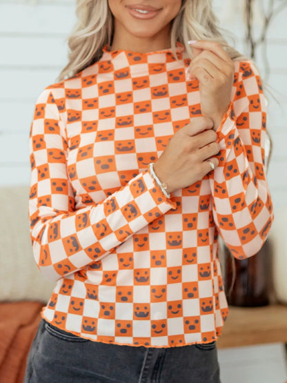 Abstract Halloween Pattern Long Sleeve Mock Neck Blouse - Sherbet - View 3