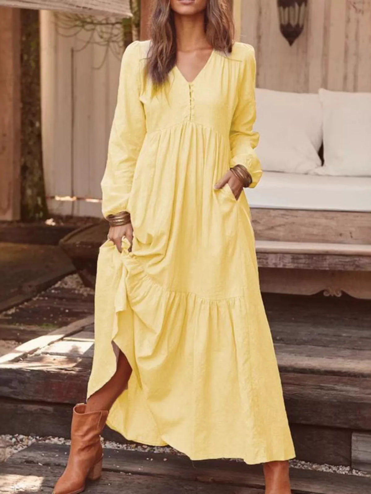 Full Size V-Neck Long Sleeve Tiered Maxi Dress with Pockets Plus Size - Light Yellow - View 1