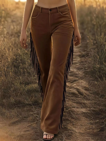 Fringed High Waist Pants - Brown - View 1