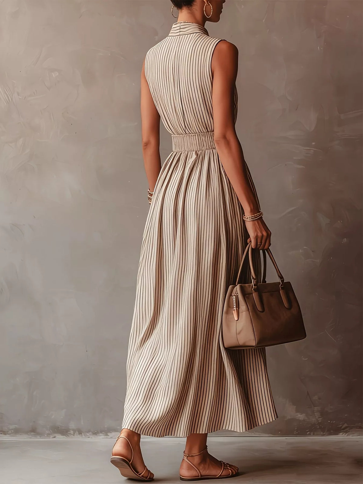 Striped Mock Neck Sleeveless Maxi Dress - Khaki - View 3