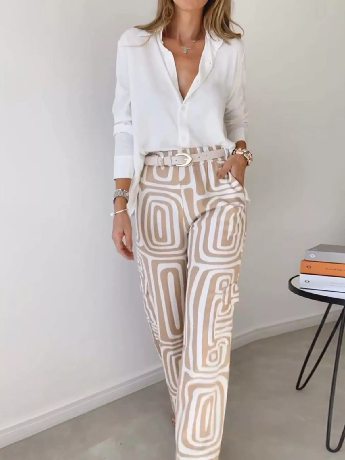 Full Size Chic Button-Down Shirt and Geometric Wide-Leg Pants Set Plus Size - Khaki - Set - View 2