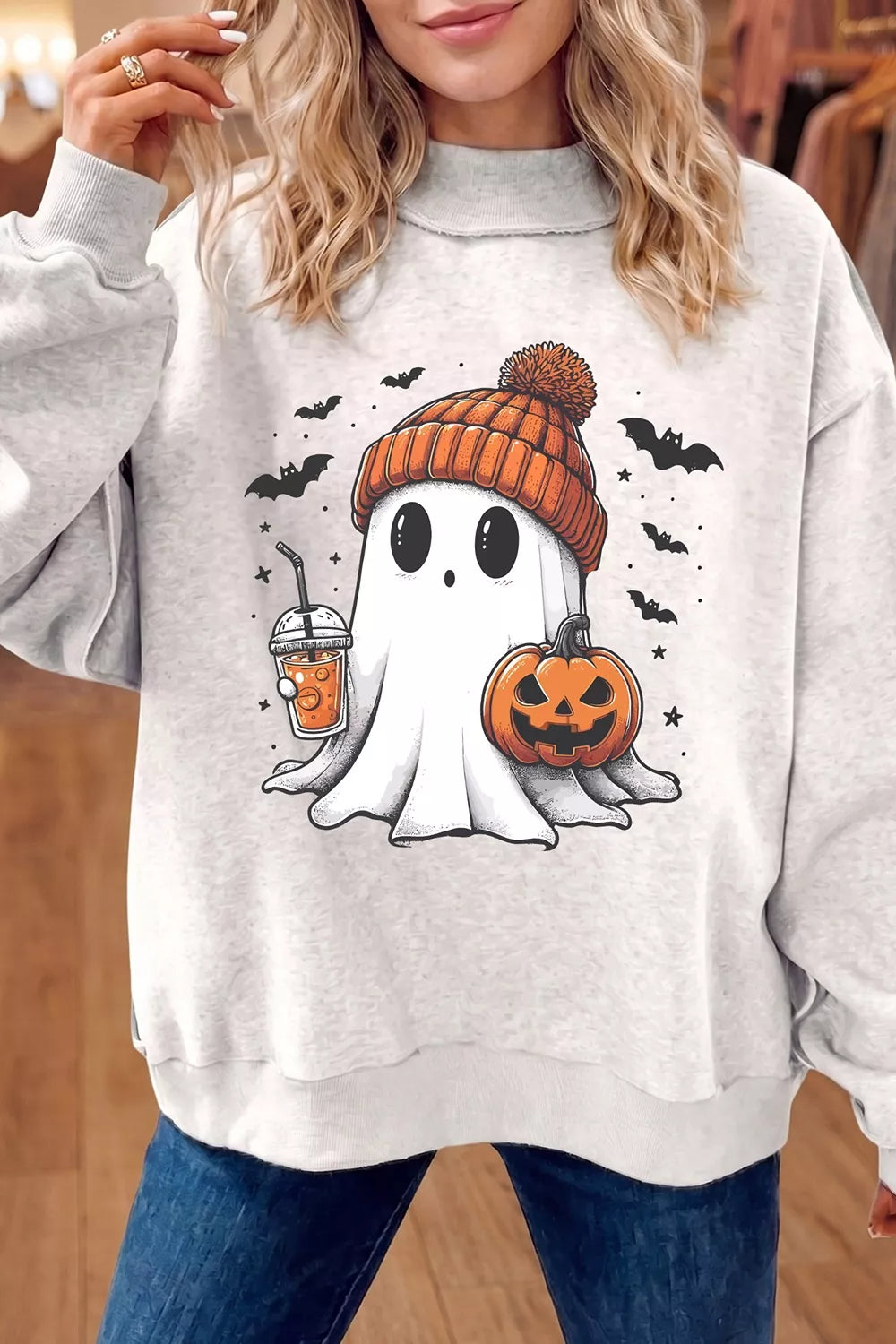 Reversible Halloween Graphic Mock Neck Tunic Sweatshirt - All Colors - View 5