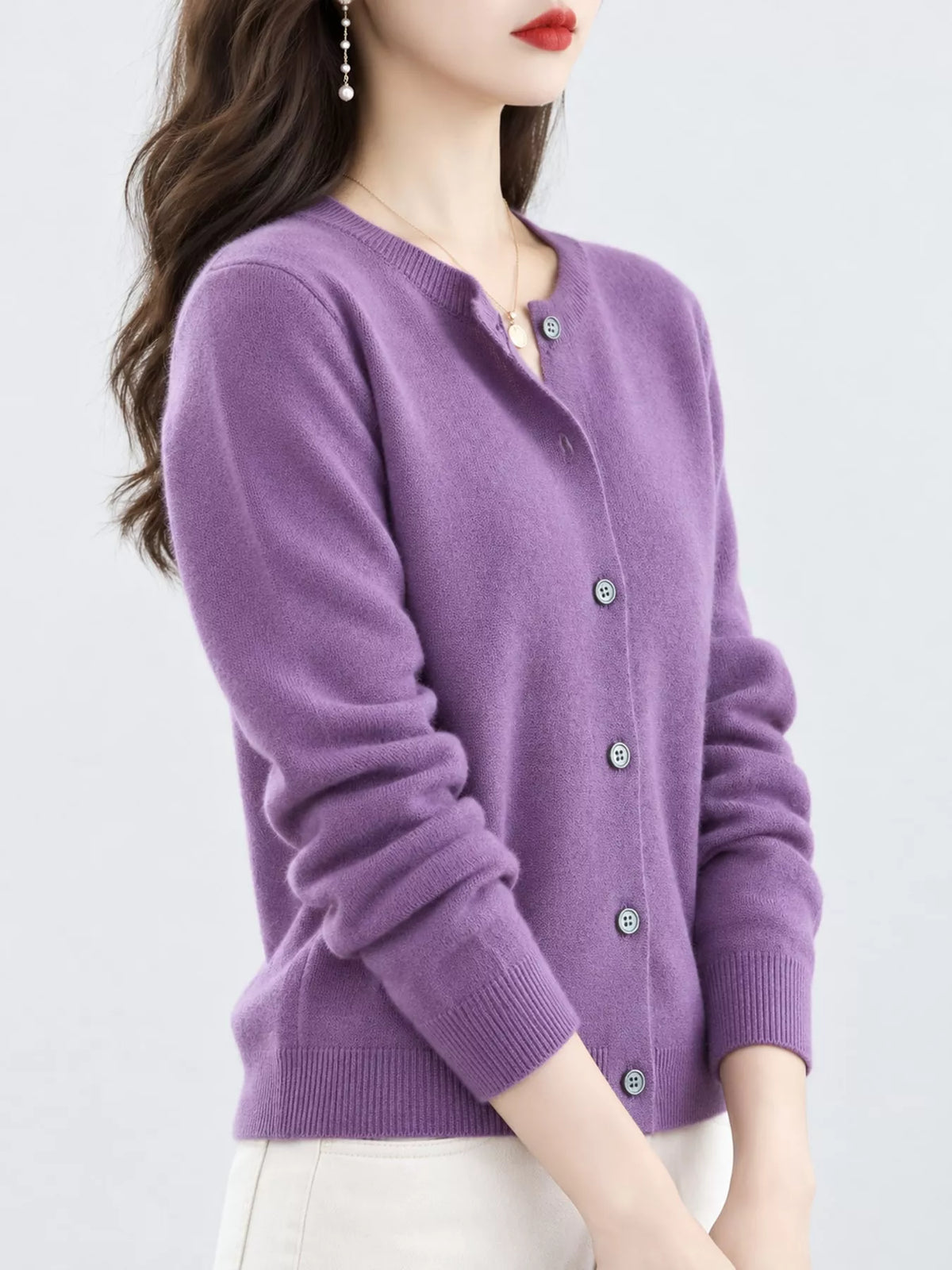 Crew-Neck Button-Down Cardigan - Purple - View 64