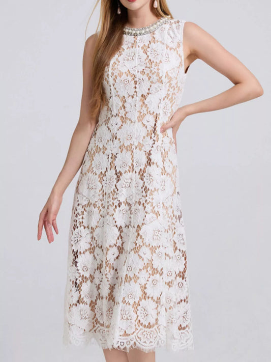 Pearl Neckline Sleeveless Lace Dress, view 1 - White