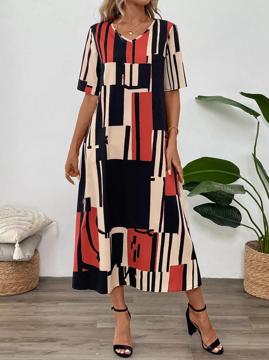 Abstract Geometric Print V-Neck Midi Dress - product photo 1