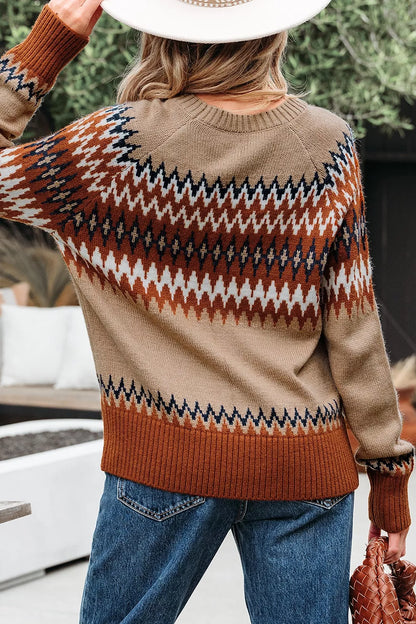 Geometric Pattern Long Sleeve Sweater - Taupe - View 3