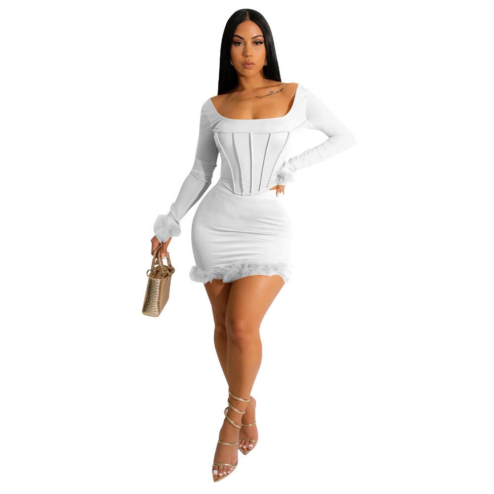Square collar backless short skirt solid color set