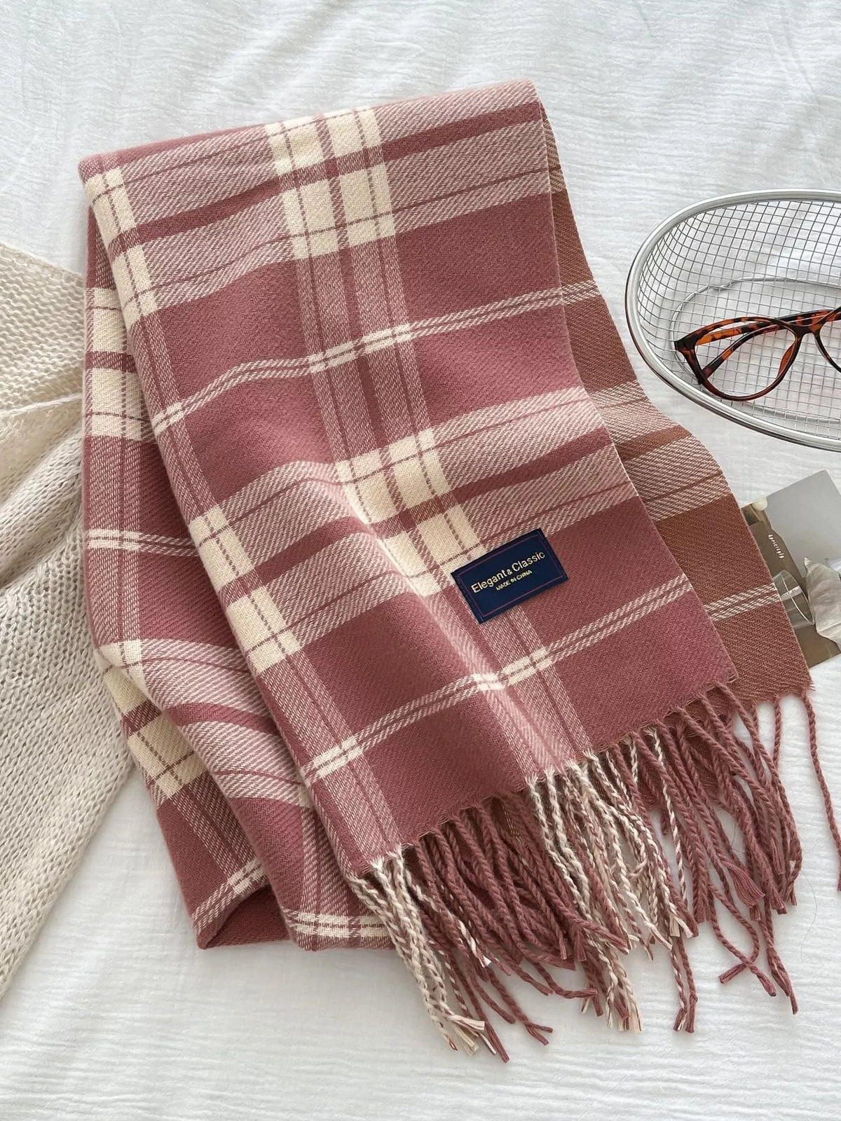 Classic Fringe Plaid Scarf - Pink - View 4