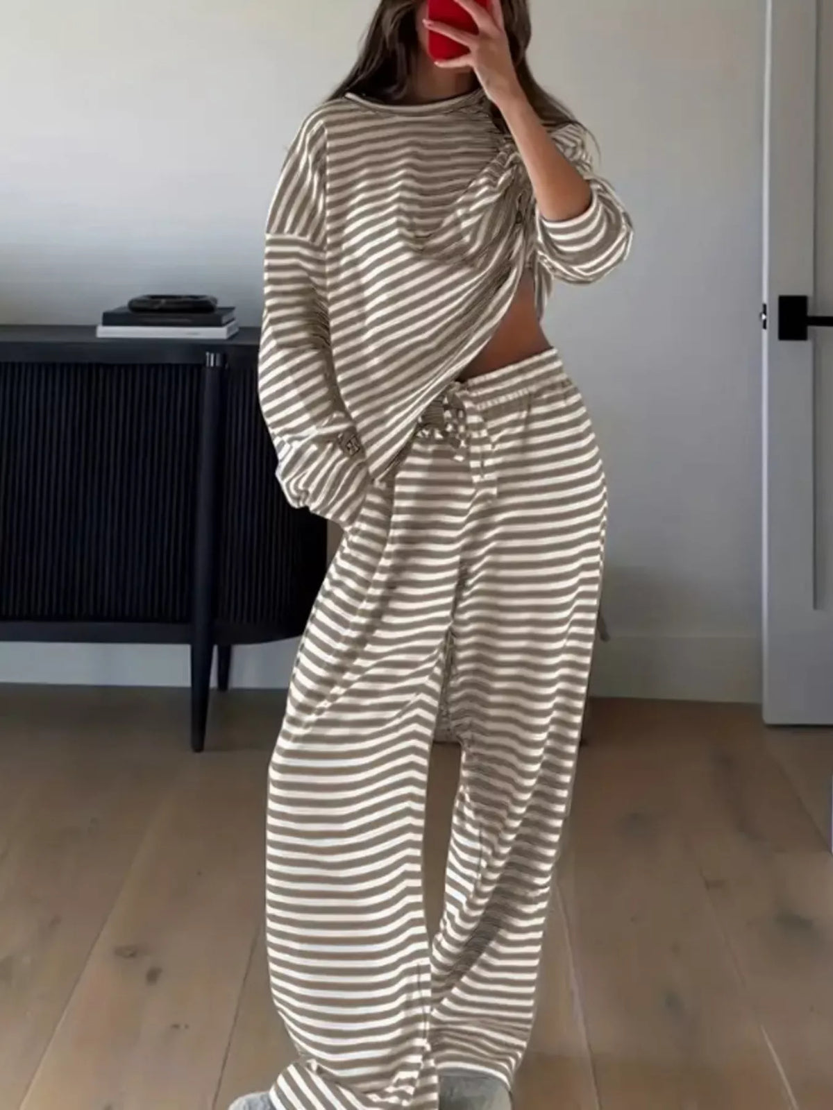 Striped Long Sleeve Top and Pants Set - Khaki - View 2