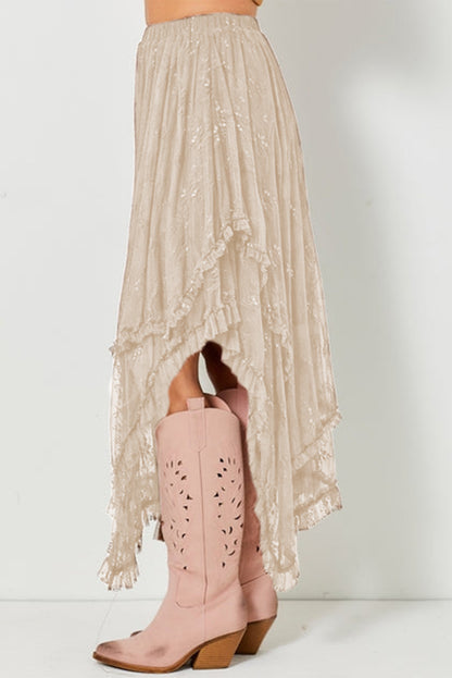 Black Lace Cascading Tiered High Waist Maxi Skirt