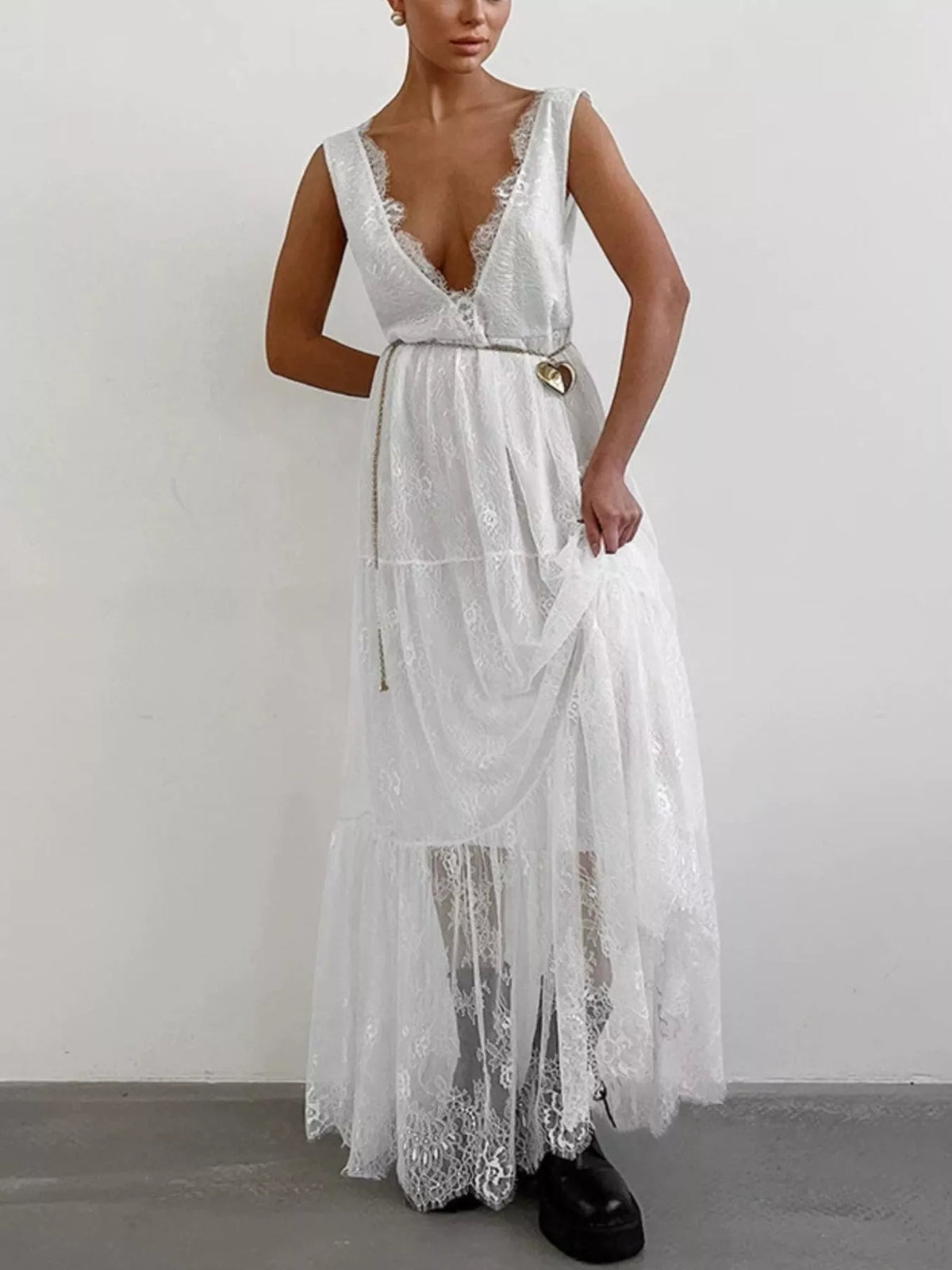 Lace V-Neck Sleeveless Maxi Dress - White - View 2