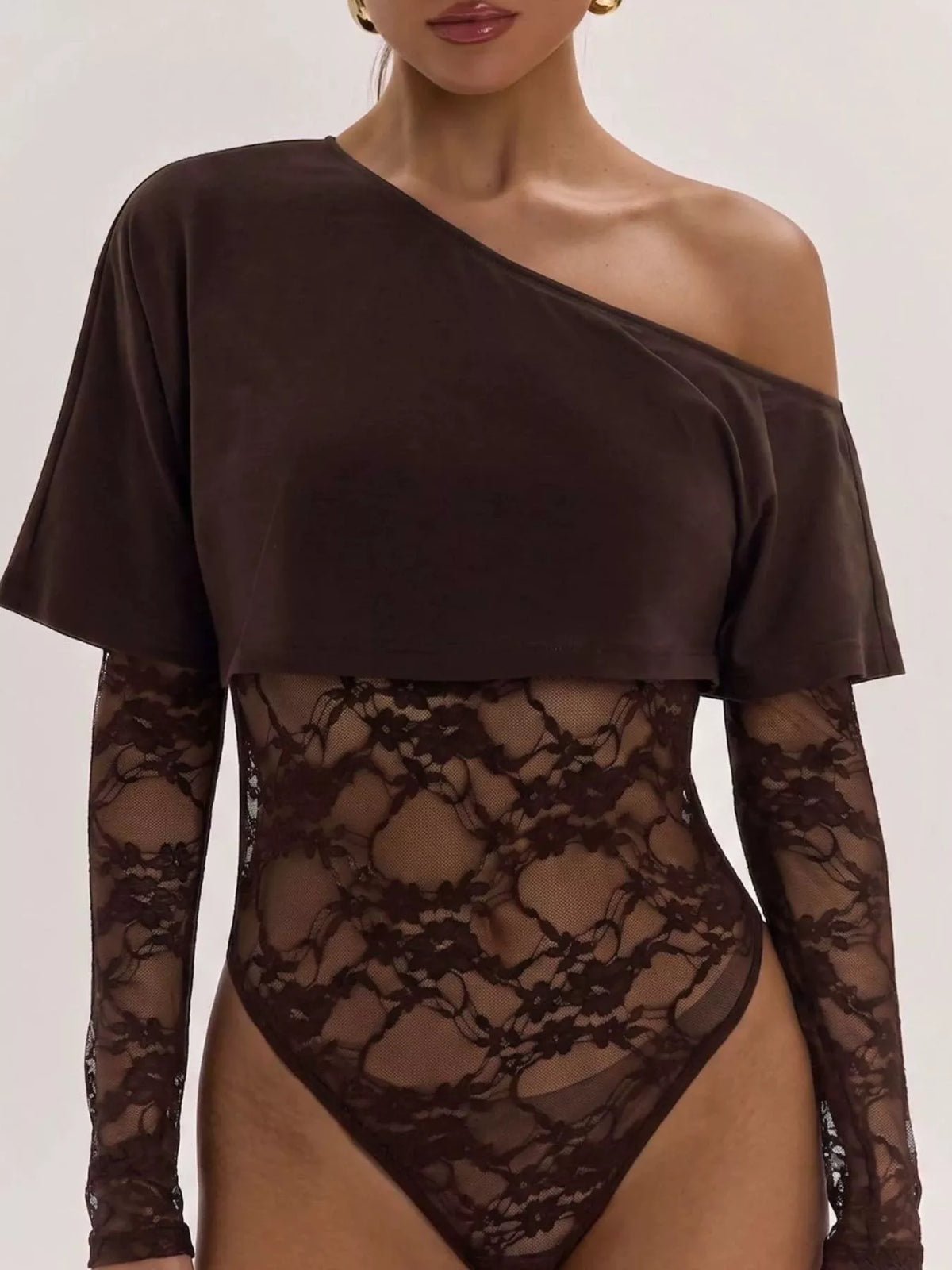 One-Shoulder Lace Bodysuit - Brown - View 1