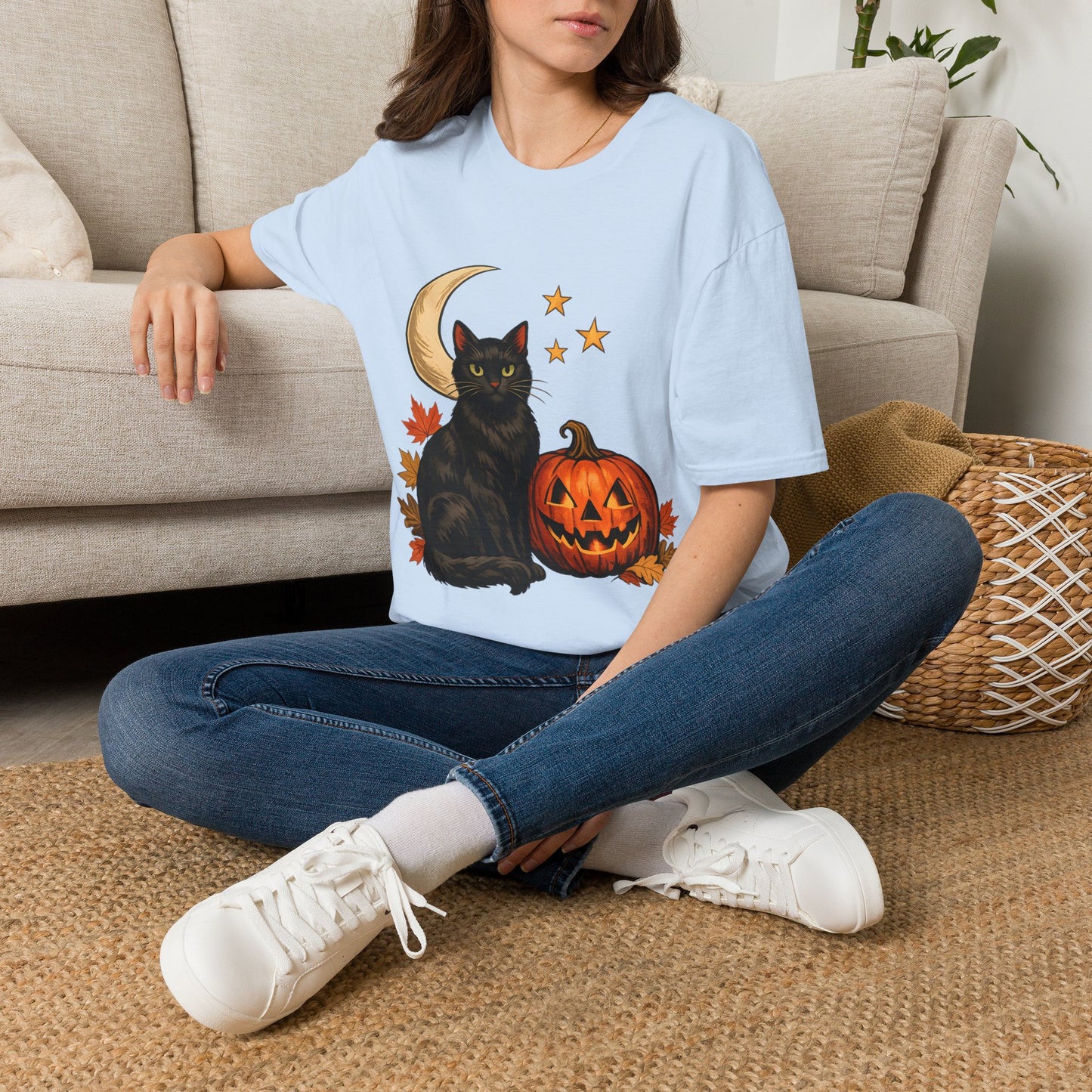 Black Cat Halloween Tee - Light Blue - product view 3 - Light Blue