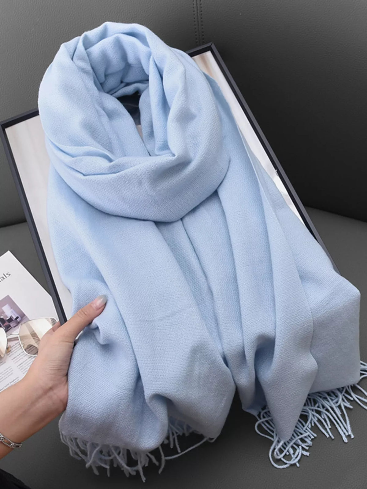 Solid Color Fringe Scarf - Pastel  Blue - View 13