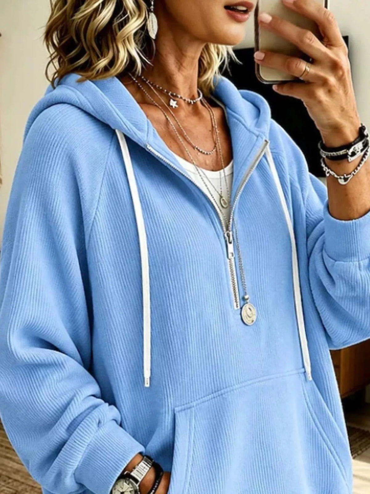 Ribbed Knit Quarter-Zip Hoodie with Kangaroo Pocket - Light Blue - View 2