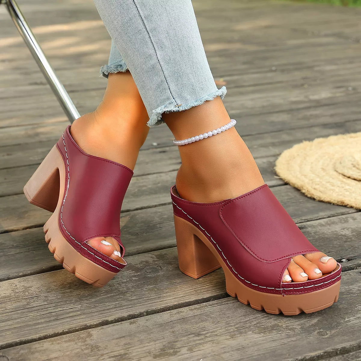 Peep Toe Block Heels Sandals - Burgundy - View 8