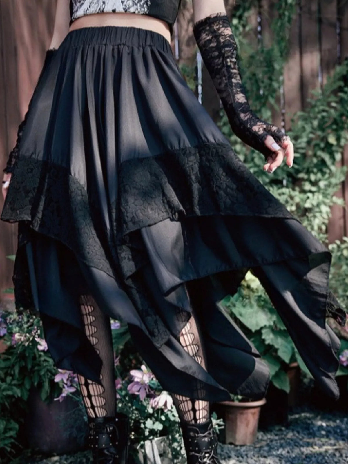 Full Size Asymmetrical Hem Lace Detail Skirt Plus Size - Black - View 3