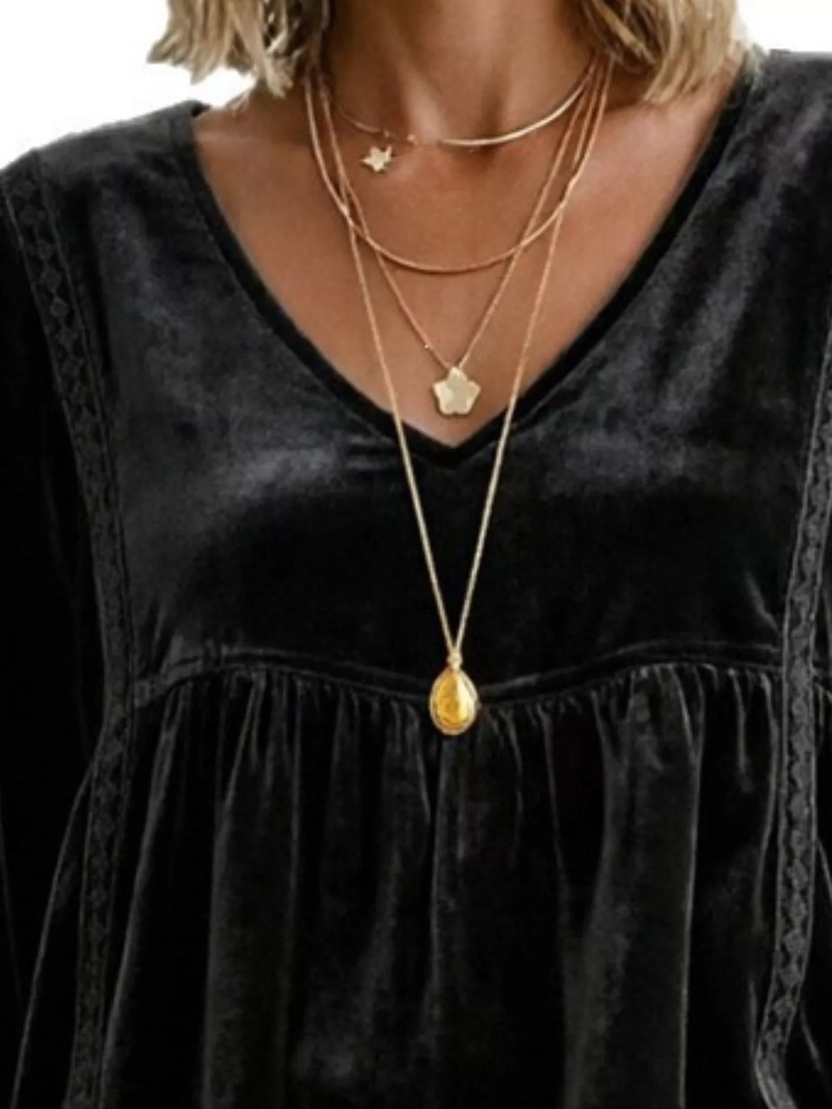 Full Size V-Neck Long Sleeve Velvet Blouse with Lace Trim Plus Size - Black - View 2