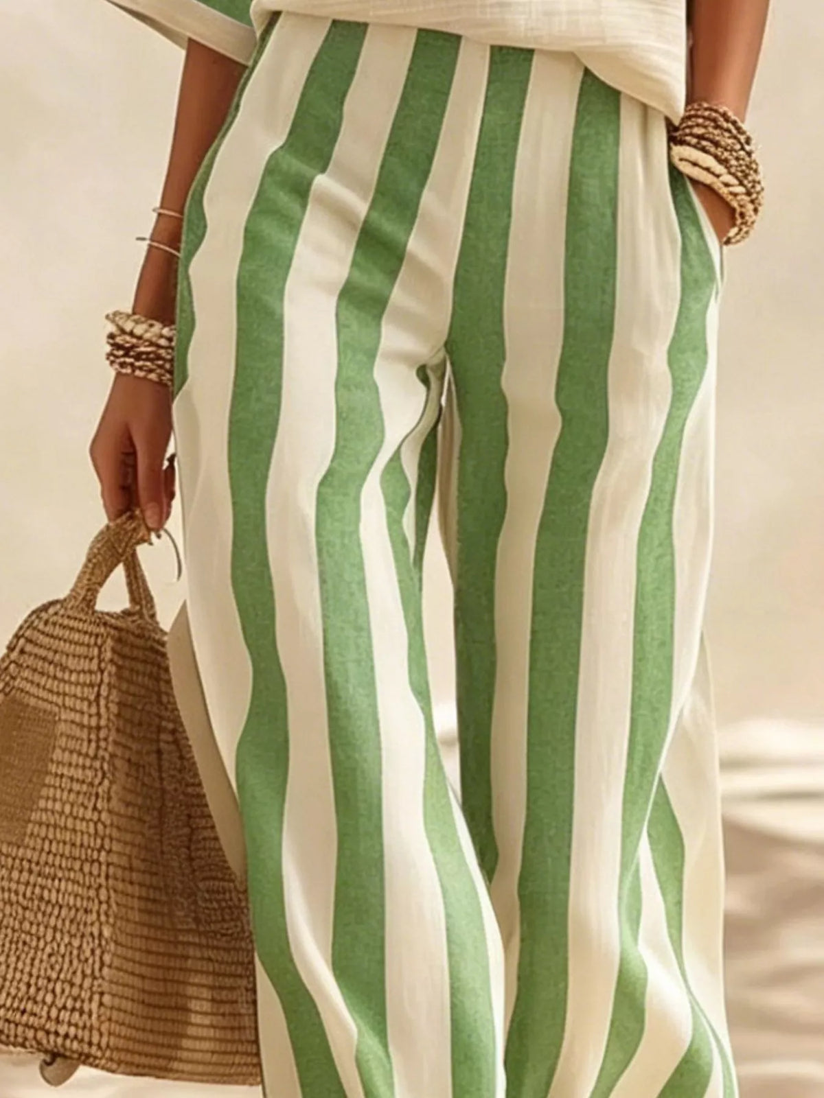 Full Size Striped Half Sleeve Top and Pants Set Plus Size - Yellow-green - View 3