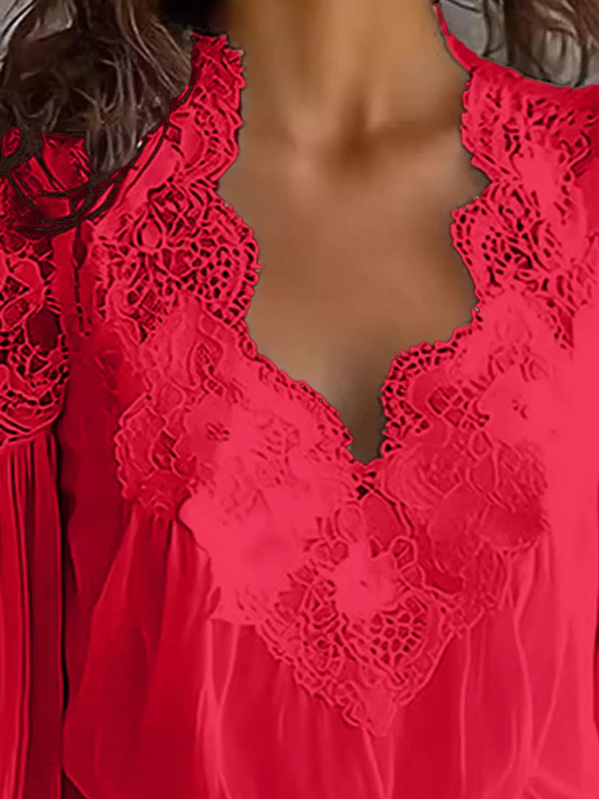 Full Size Lace V-Neck Flounce Sleeve Blouse Plus Size - Red - View 8