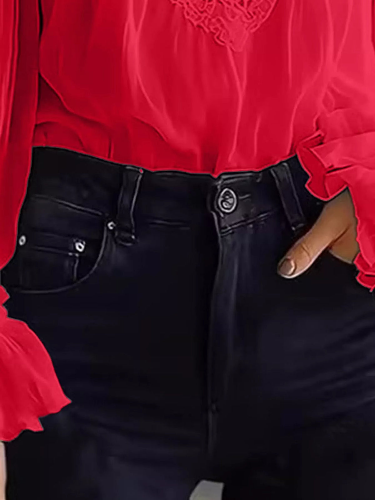 Full Size Lace V-Neck Flounce Sleeve Blouse Plus Size - Red - View 9