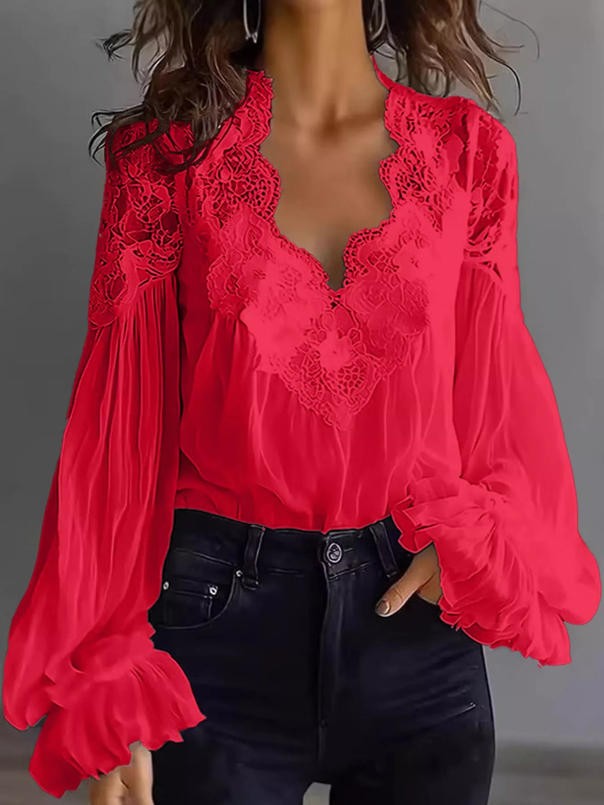Full Size Lace V-Neck Flounce Sleeve Blouse Plus Size - Red - View 7