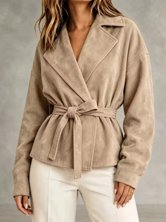 Tie-Waist Lapel Collar Jacket - Apricot - View 1