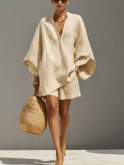 Full Size Solid Color Loose Fit Top and Shorts Set Plus Size - Beige - View 1