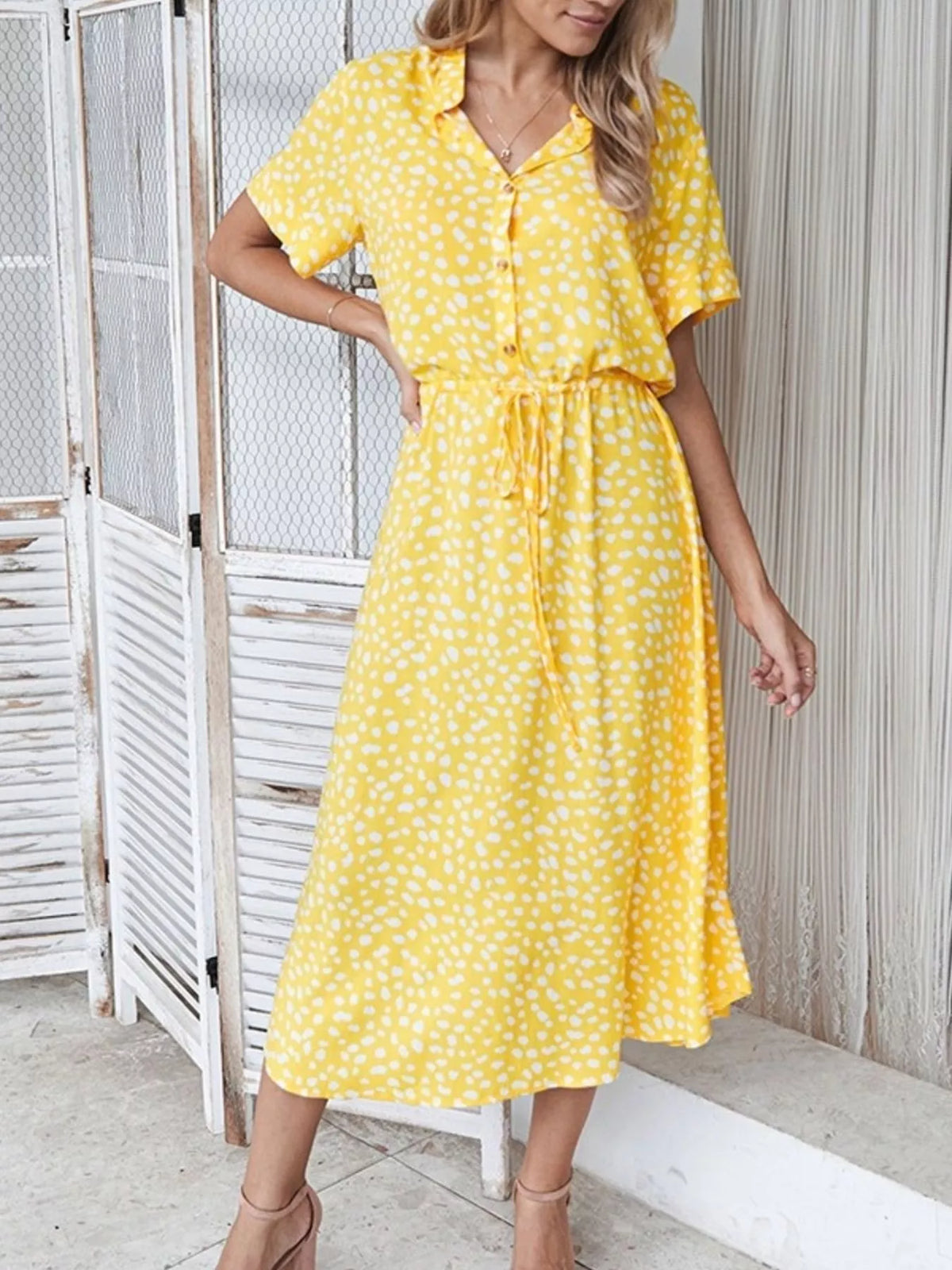 Animal Print Drawstring Waist Midi Dress - Yellow - View 1