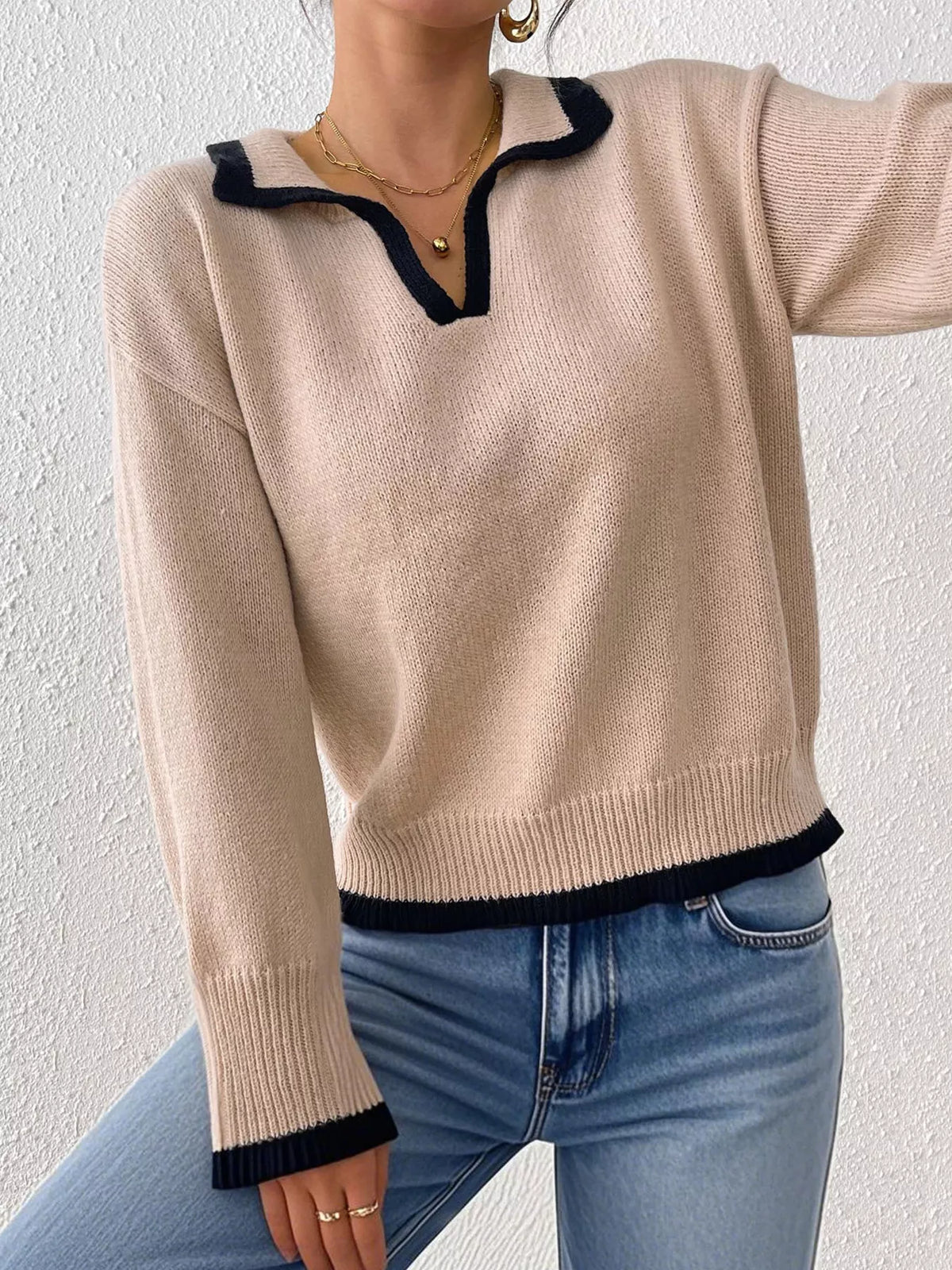 Contrast Trim Polo Collar Sweater - Khaki - View 3