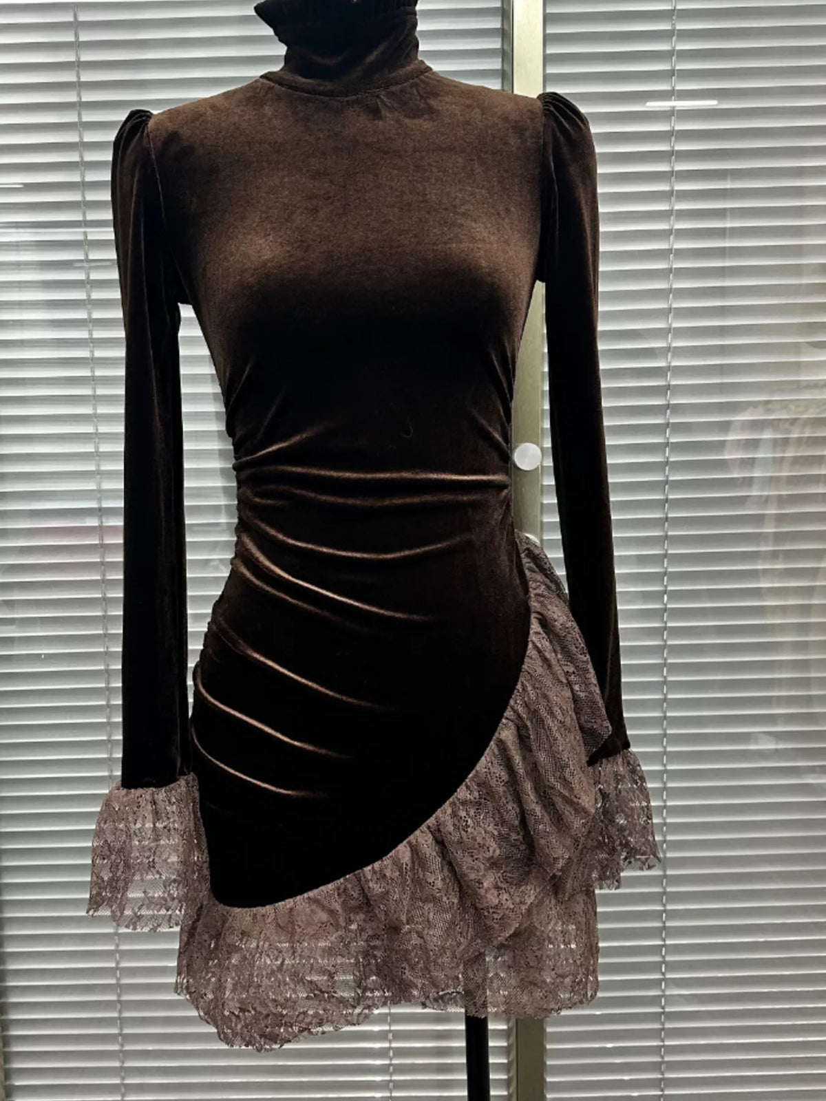 Velvet Mock Neck Mini Dress with Lace Ruffle Trim - Brown - View 2
