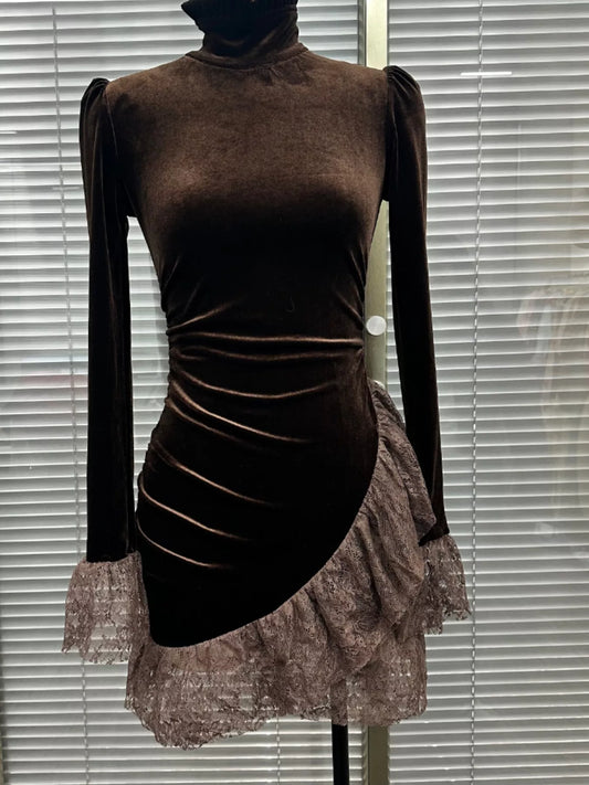 Velvet Mock Neck Mini Dress with Lace Ruffle Trim - Brown - View 2