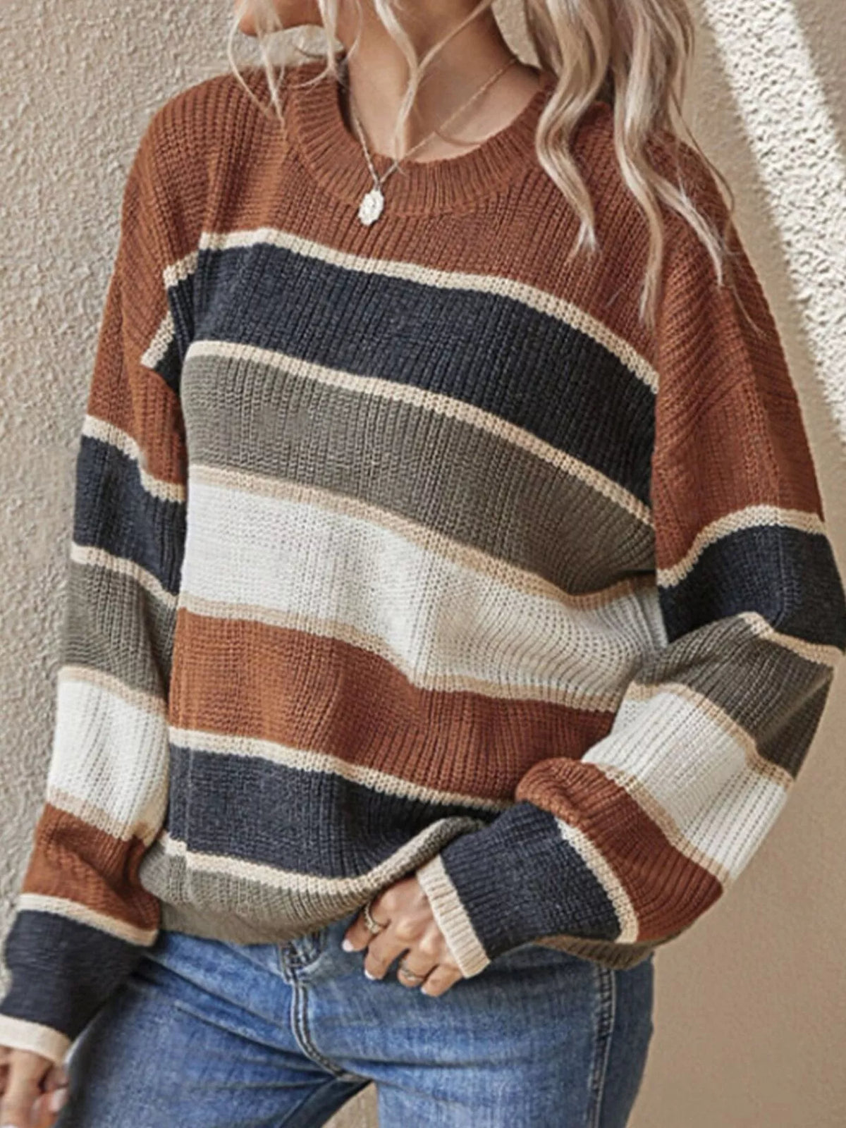 Color Block Striped Crew Neck Sweater - Dark Brown - View 1